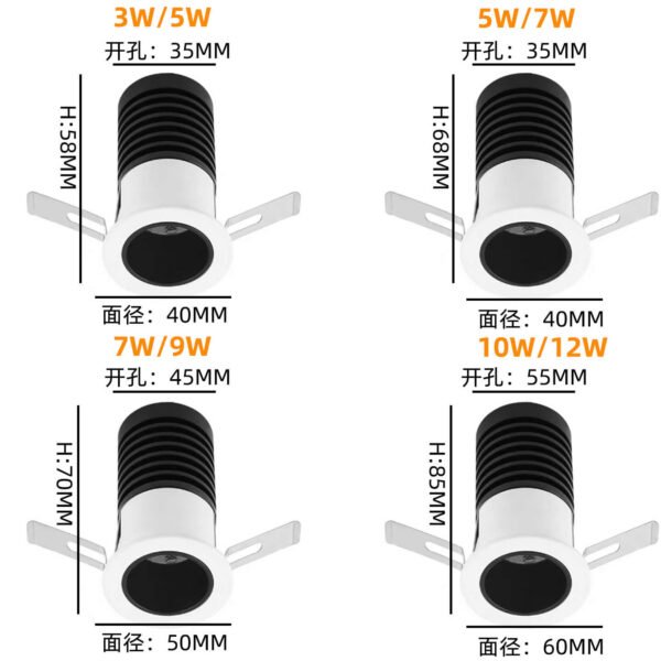 Small Size 18-55mm Downlight 3-12W Modern Mini LED Spotlight with IP20 Dimmable 3-Year Warranty for Home Ceiling Aluminum Body
